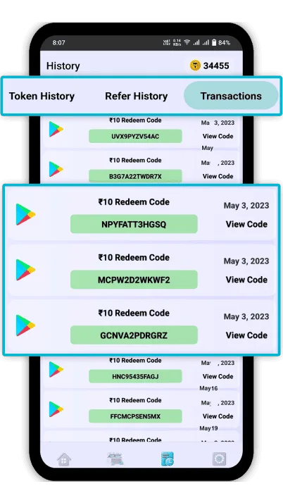 Diamond Wala app showing a history of ₹10 Google Play redeem codes
